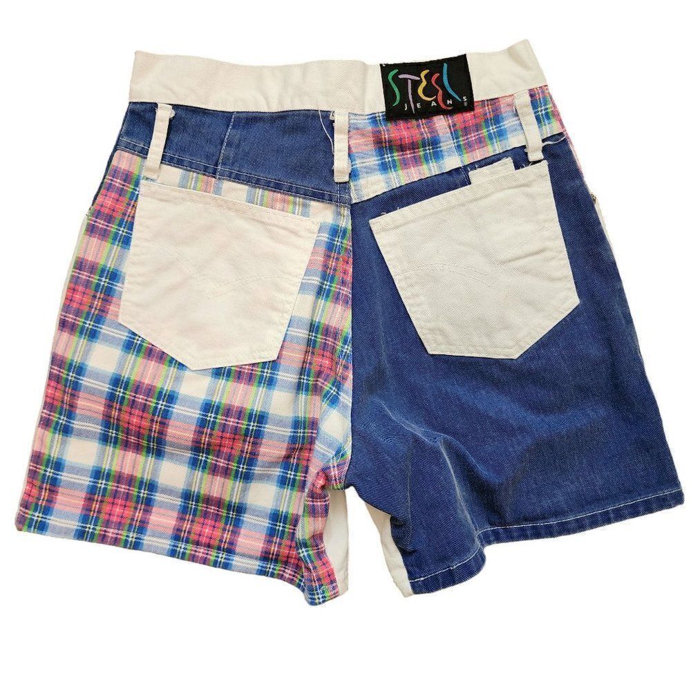 Vintage 90s Steel Jean Shorts Juniors Size 7 White Blue Red Plaid Pockets